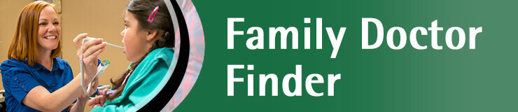 A photo of a female doctor putting a thermometer into a female child's mouth. It is an ad for the family doctor finder.