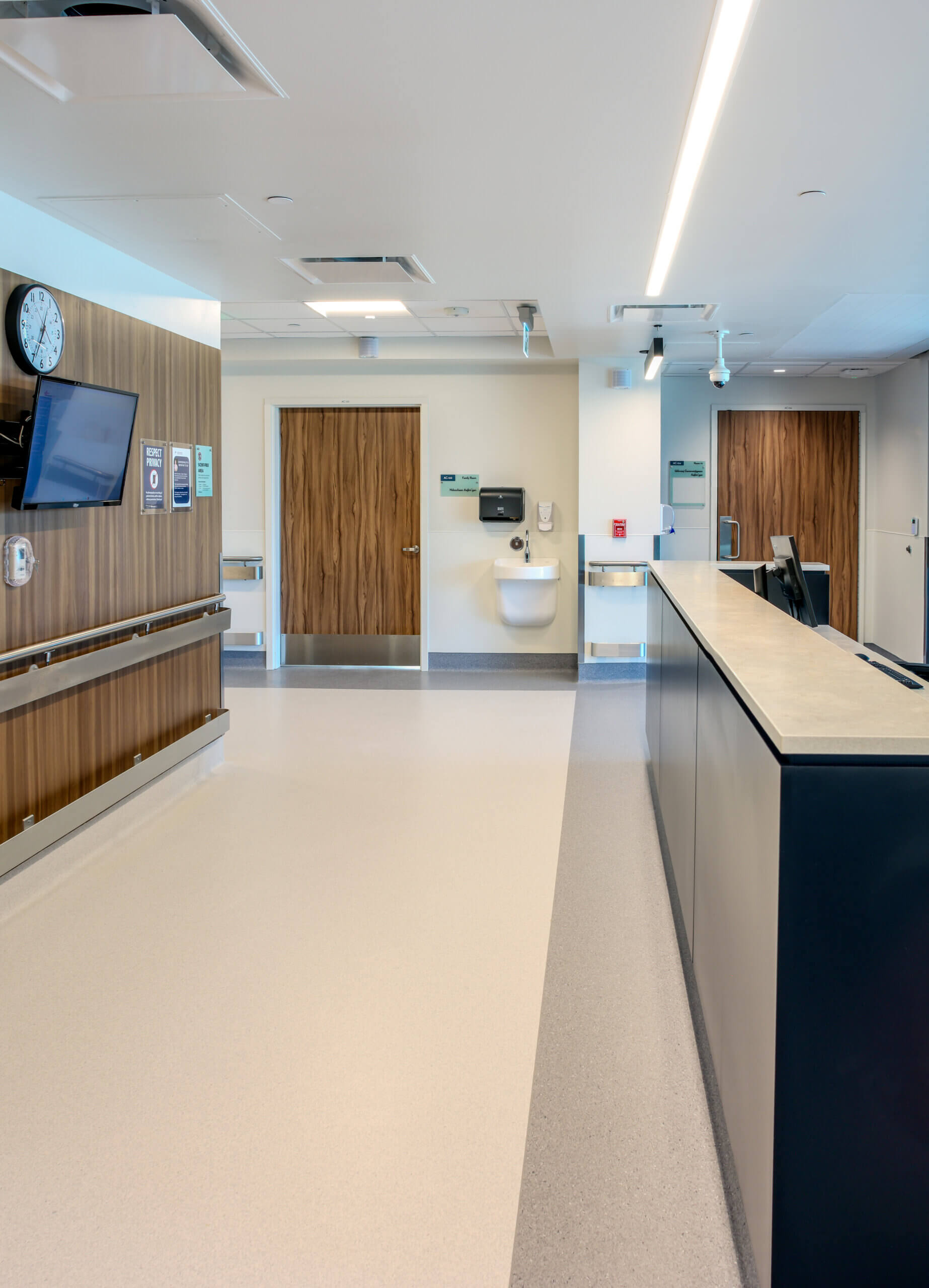 brightly lit hospital hallway