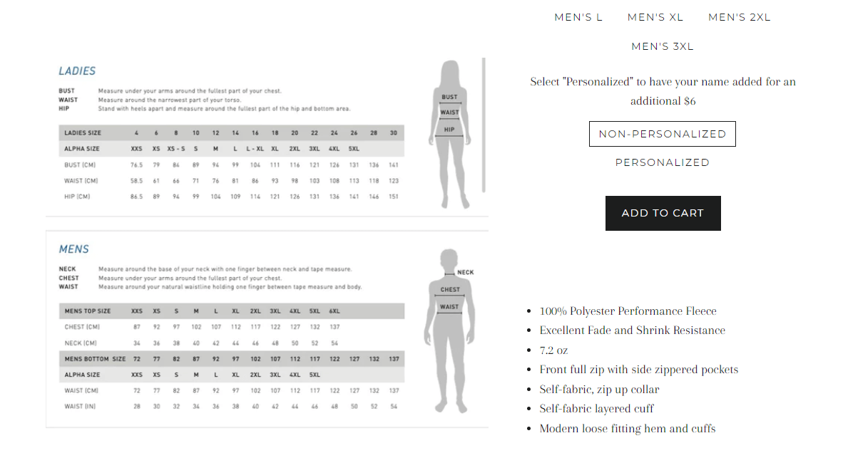 A sizing chart photo.