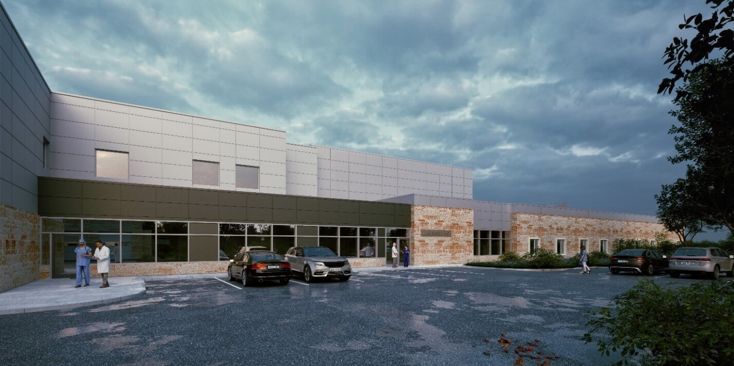 Architectural rendering of new expansion. Glass windows and limestone exterior.
